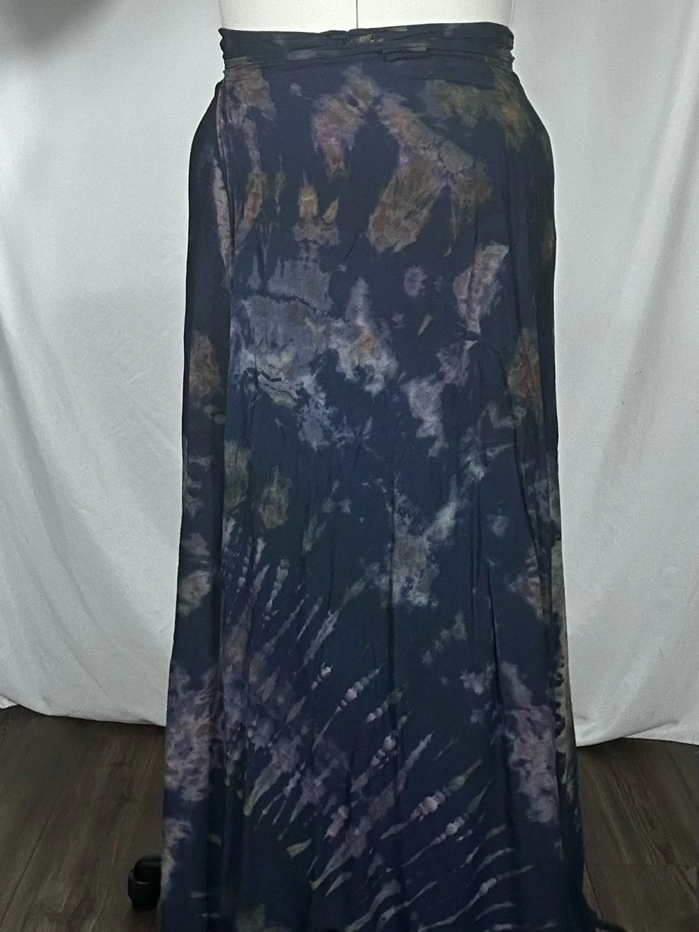 Tie-Dye Maxi Wrap Skirt in Navy with Muted Accents